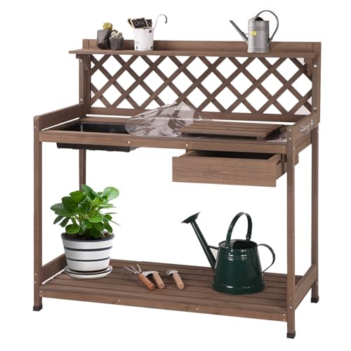 Aivituvin Potting Bench Outdoor with PVC Layer Wooden Planting Table with Sink & Lid Gardening Work Bench with Drawer, Shelf, Hook