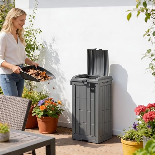 FDW 30 Gallon Outdoor Trash Can with Lid, Waterproof PP Resin Garbage Bin with Ashtray & Removable Tray, Modern Outside Waste Can for Patio, Garden, Balcony, Backyard - size: 30G