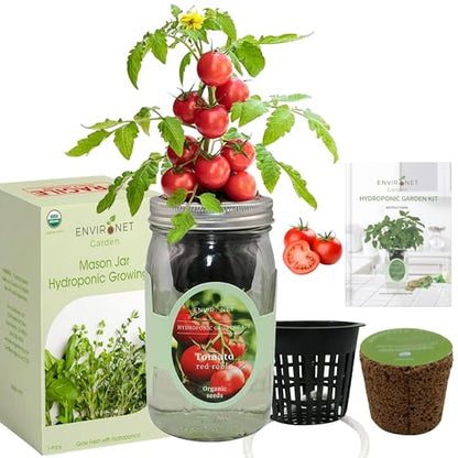 Hydroponic Tomato Growing Kit, Self-Watering Mason Jar Tomato Garden Starter Kit Indoor, Grow Tomatoes from Organic Seeds (Red Robin Tomato) - color: Tomato- Red Robin