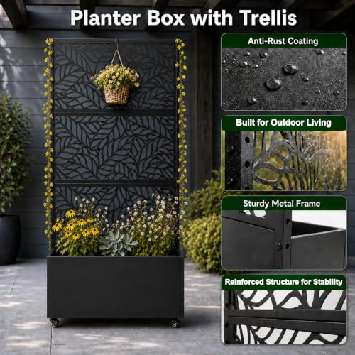 Metal Planter Box with Privacy Screen Trellis & Wheels, 73"x35"x15.6"