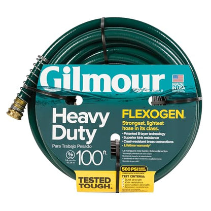 Gilmour 5/8" x 100' Heavy Duty Flexogen Water Hose, Flexible Garden Hose for Vegetable Gardens, Flower Beds, and Lawn Sprinklers, Green - size: 5/8" x 100'