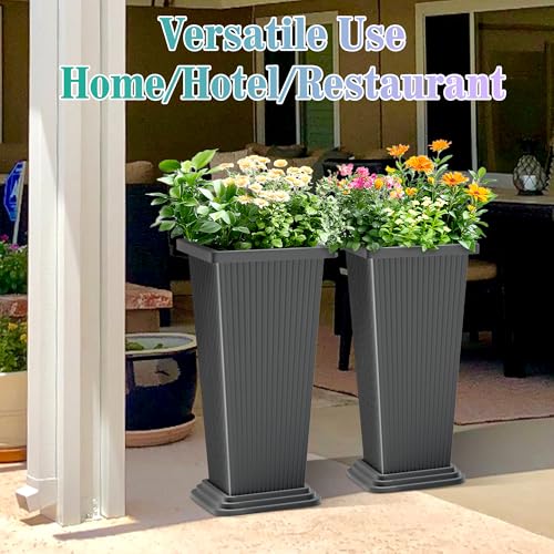 TUYOHW 24 Inch Tall Tapered Square Planters (Set of 2) - Indoor Outdoor Large Flower Pots with Built-in Drainage & Matching Water Tray for Patio, Garden, Home - Gray - color: Gray-ribbed