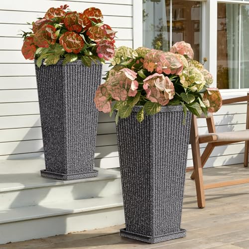 Square Tall Planters for Outdoor Plants with Tray - 24" Gray 2Pack - color: Grey-sandblasting