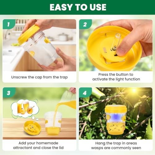 Wasp Trap, Solar Wasp Traps Outdoor Hanging, Reusable Yellow Jacket Hornet Trap with LED Light for Outside Garden, Patio, Orchard, Camping (4, Yellow)