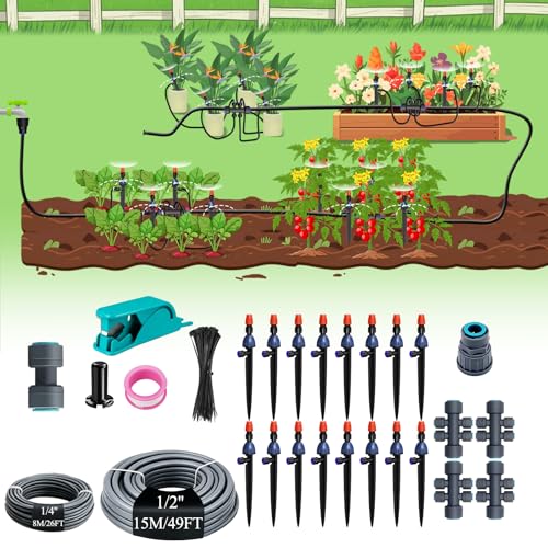MYMULIKE 75FT Drip Irrigation System, Adjustable Drip Emitters, Upgraded Drip Irrigation Kit Automatic Irrigation Kit Garden Watering System for Flower Bed, Raised Beds, Lawn, Greenhouses