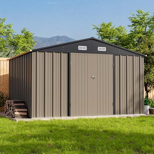Patiowell 10 x 8 FT Outdoor Storage Shed, Large Garden Tool Metal Shed - color: Brown, size: 10x8 FT