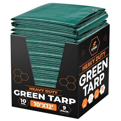 Heavy Duty Poly Tarp - 10' x 12' Bulk (9-Pack) - 10 Mil Thick Waterproof, UV Blocking Protective Cover - Reversible Green and Black - Laminated Coating - Grommets - by Xpose Safety - color: Green/Black, size: 10 Feet X 12 Feet (9pk)
