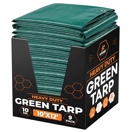 Heavy Duty Poly Tarp - 10' x 12' Bulk (9-Pack) - 10 Mil Thick Waterproof, UV Blocking Protective Cover - Reversible Green and Black - Laminated Coating - Grommets - by Xpose Safety - color: Green/Black, size: 10 Feet X 12 Feet (9pk)