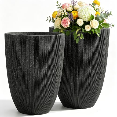 2-Pack 19" Black Resin Tall Round Planters with Fluted Texture - color: 19"h-black Fluted