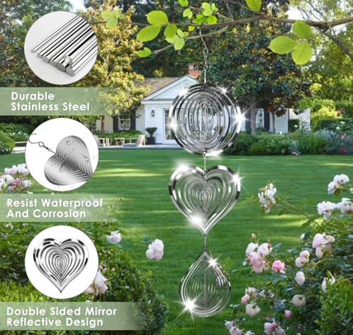 CHONOVO Stainless Steel Reflective Device, Round Bird Devices Set Highly Reflective 3D Wind Spinners Outdoor Garden Decor for Outside Window Roof Yard Orchards 12 Discs 4 Pcs - size: (Round+Heart+Waterdrop) 12 Discs 4 Pcs