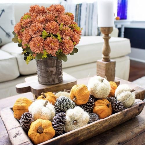 Fall Flowers Artificial Mums 2 Pcs 18 Heads Silk Chrysanthemums Fake Mums Faux Floral Bouquet Arrangements for Home Decor Indoor Outdoors Planter Pots Porch Wedding Autumn Decoration (Brown) - color: Brown