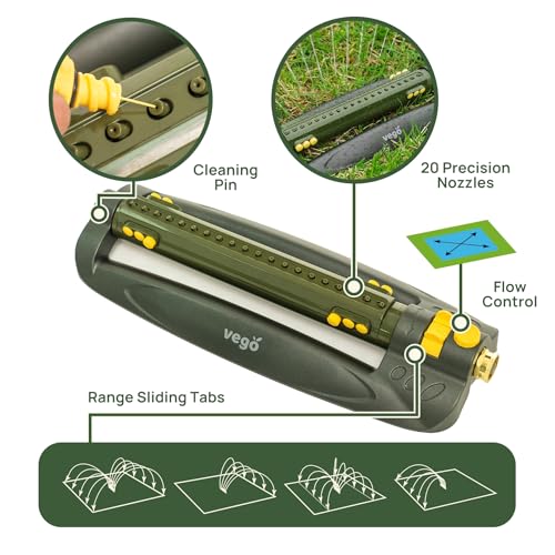 Vego Turbo Oscillating Sprinkler w/Quick Connector Starter Set Metal Base and 20 Precision Nozzles, 3-Way Adjustable for Large Yard and Lawn Covers up to 4973 sq. ft.-Seaweed Green