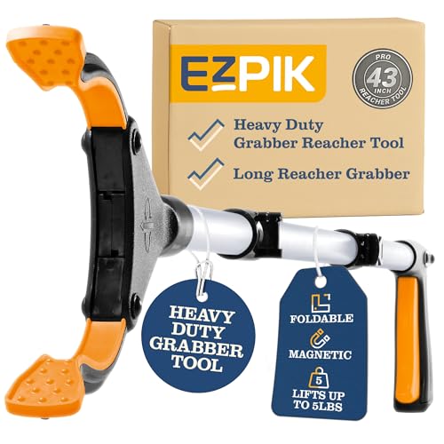 EZPIK Pro 43" Foldable Grabber Reacher Tool for Seniors - Grabbers for Elderly Reaching Tool Heavy Duty Pickup Trash Picker Upper Equipment - Claw Grabber Stick for Reaching Aids, Weed Gripper - color: Silver, size: 43" - 1 PK