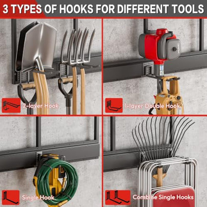 Garage Wall Organizer with Storage Shelves, 32" Garden Tool Organizer with Shelving Units and Hooks Hangers, Heavy Duty Metal Shelf with Shovel Rake Holder, Garage Organization Rack for Yard Shed Lawn