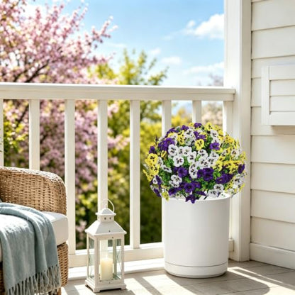 24" Artificial Pansy Flowers for Outdoors with Cement Pots Set of 2 - color: Pansy Yellow-purple-white
