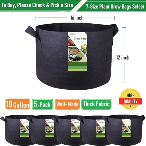 5-Pack 10 Gallon Thickened Plant Grow Bags (16x12 in) Fabric Plant Pots for Tomato,Potato Planters,Herbs Veggies Planter Bag,Flower Pot,Garden Pot,Barrel Planter,Plant Container with Gardening Gloves - size: 10 Gallon (16x12 inches)