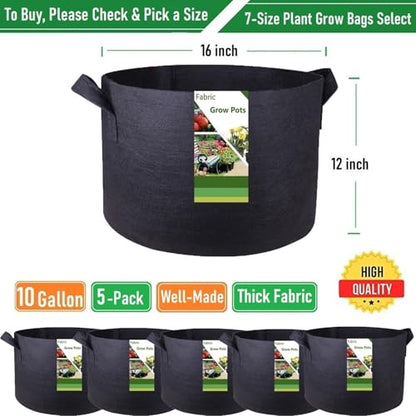 5-Pack 10 Gallon Thickened Plant Grow Bags (16x12 in) Fabric Plant Pots for Tomato,Potato Planters,Herbs Veggies Planter Bag,Flower Pot,Garden Pot,Barrel Planter,Plant Container with Gardening Gloves - size: 10 Gallon (16x12 inches)