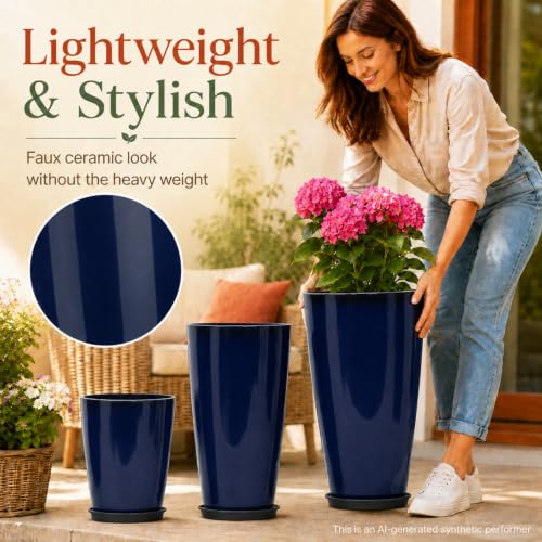 Neoaider Set of 3 Tall Planter, 24/21/12in Large Plastic Planter, Blue - color: Blue