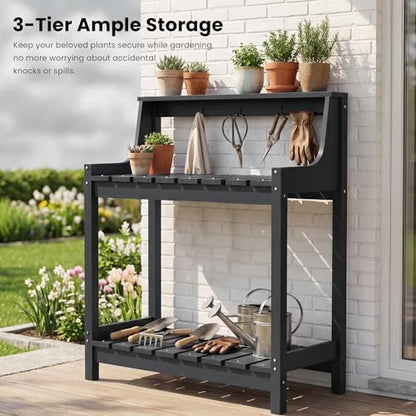 Domi 3-Tier Potting Benches for Outside, HDPE Outdoor Potting Table, Grey - color: Gray