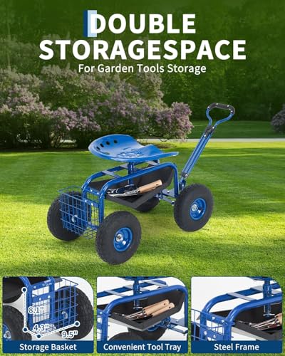 Garvee Heavy Duty Garden Workseat, Garden Scooter Rolling Seat 360° Swivel - color: Blue