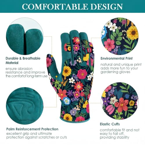 Gardening Gloves for Women, Breathable Leather Garden Gloves,Gardening Gift - color: Green - Flower