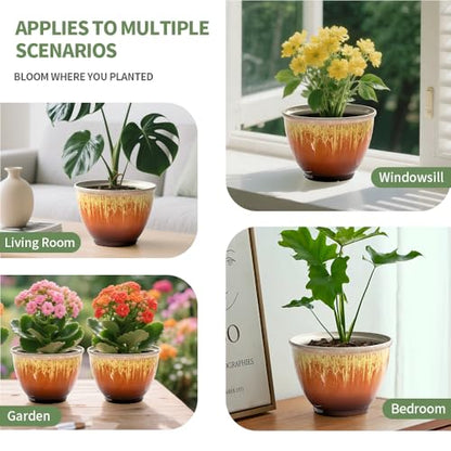 4 Pack Glazed Plant Pots, 8 Inch Modern Planters with Drainage Hole - color: Orange Glaze