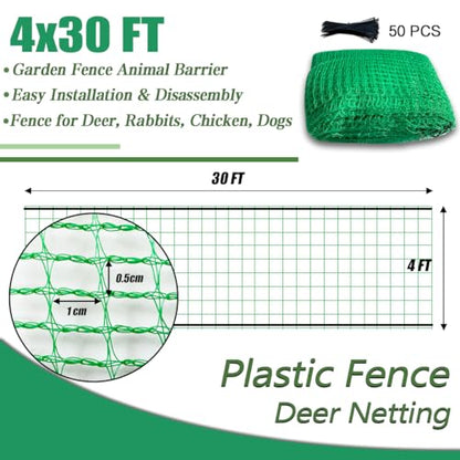 Garden Fence 4 x 30 FT, 0.4" Mesh Plastic Fencing, 50 Zip Ties Included - size: 4ftx30ft