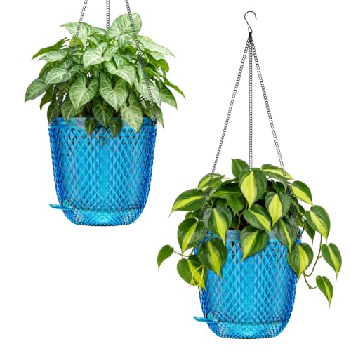QCQHDU 5.7 Inch Small Hanging Planters for Indoor Outdoor Plants,Self Watering Flower Pots Hanging Basket Plant Hanger with Drainage Holes and 3 Hooks for Window Porch Garden Balcony, (Blue) 2 Pack - color: Blue, size: 5.7"+5.7"