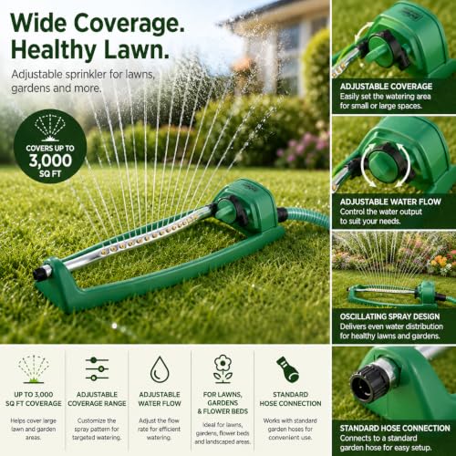 Oscillating Lawn Sprinkler with Adjustable Flow and Coverage Control