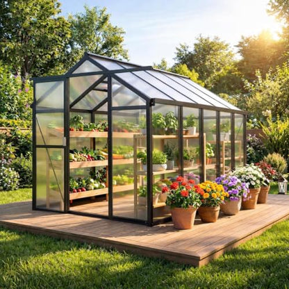 6x8 FT Polycarbonate Walk-in Greenhouse with Roof Vent & Sliding Door - color: Black, size: 6x8 FT