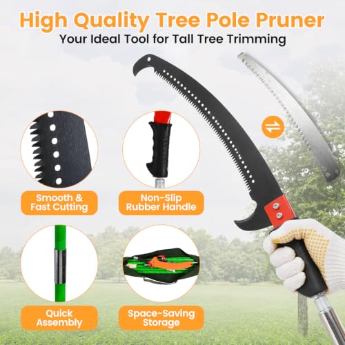 27ft Manual Pole Saw, Extendable Pole Tree Pruner with Sharp Blade and Scissors, Lightweight 8 Fiberglass Handle Pole, High Branch Trimming Tool for Garden Palm Shrub Fruit Tree Pruning - size: 27FT