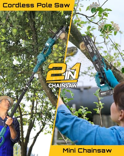 SEESII 2-in-1 Cordless 8 Inch Pole Saw & Mini Chainsaw, 2×4.0Ah Batteries - color: Deep Blue