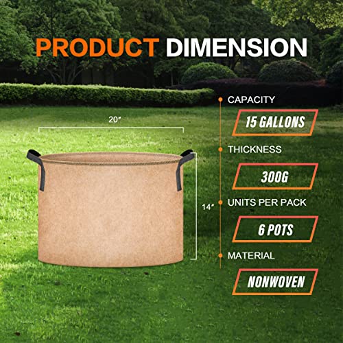 iPower Plant Grow Bag 15 Gallon 6-Pack Heavy Duty Fabric Pots, 300g Thick Nonwoven Fabric Containers Aeration with Nylon Handles, for Planting Vegetables, Fruits, Flowers, Tan 2024 Version - color: Tan, size: 15 Gallon