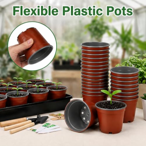 60pcs 3.5 inch Plastic Nursery Pots and 5 Pack Seedling Tray - size: Lightweight Trays+Red Round Pots-5P