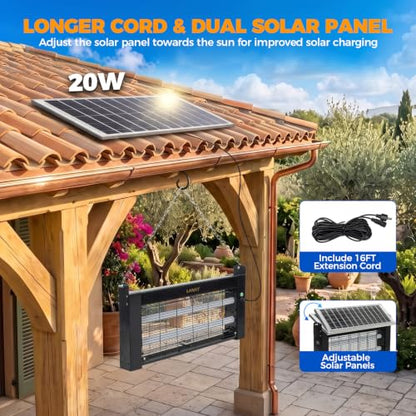 20W Solar Bug Zapper Outdoor Waterproof, LANGY 20W w/10000mAh Battery Electric Mosquito Killer Zapper Fly Insect Mosquitos Trap with Auto On/Off & 16.4ft Cord for Yard Camping Garden RV Home - size: 20w with 2 UV lights