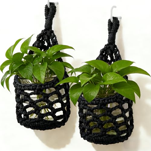 Macrame Wall Plant Hanger, Small Hanging Planter Basket Holder, Wall Planters for Indoor Plants, for Up to 4 Inch Pot (Black, 4-Inch) - color: Black, size: Small – Fits Pot Bottom ≤4"