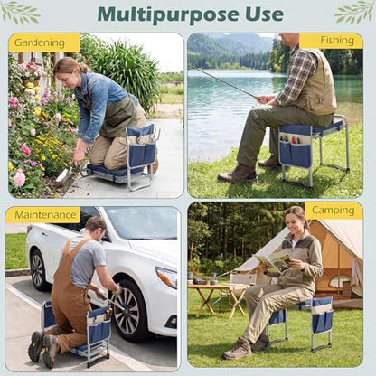 Goplus Foldable Garden Kneeler and Seat, 11" Wide 2-in-1 Gardening Bench, Detachable Thick EVA Foam Pad, 350 lbs Heavy-Duty Metal Frame, Tool Pouch, Portable Stool, Gardening Kit for Seniors (Blue) - color: Blue, style: With Kneeling Pad
