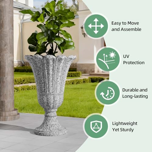 Tall Plastic Urn Planters and Pedestal - 24" Outdoor Planter Grey - color: Heather Gray-petal