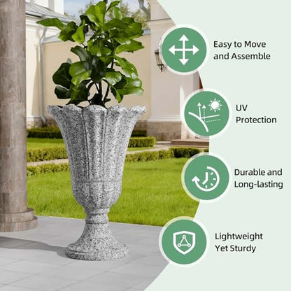 Tall Plastic Urn Planters and Pedestal - 24" Outdoor Planter Grey - color: Heather Gray-petal