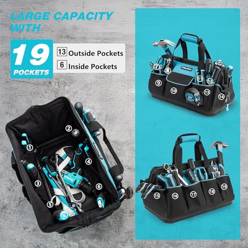 DURATECH 18" Large Tool Bag with Waterproof Hard Bottom, 19 Pockets - size: 18 Inch