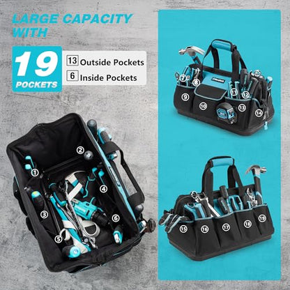 DURATECH 18" Large Tool Bag with Waterproof Hard Bottom, 19 Pockets - size: 18 Inch