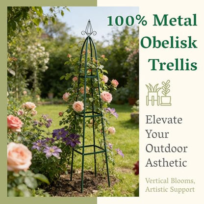 100% Metal Garden Obelisk Trellis for Climbing Plants Outdoor | Powder-Coated Steel Tall Garden Teepee Trellis | Sturdy Vertical Plant Support for Potted Plants Peas, Beans, Squash Outdoor & Indoor
