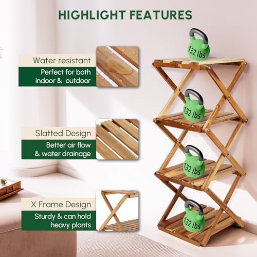 BEEFURNI 4-Tier Foldable Acacia Wood Ladder Plant Stand & Corner Rack