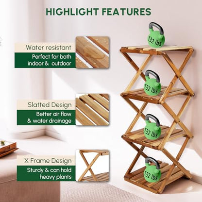 BEEFURNI 4-Tier Foldable Acacia Wood Ladder Plant Stand & Corner Rack