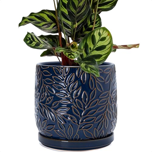 D'vine Dev Embossed Leaves Ceramic Planter, 8 in, Midnight Blue, 27-A-Q-3 - color: Midnight Blue, size: 8 Inch