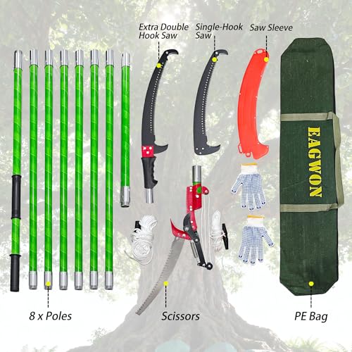Manual Pole Saw, 7.3-27 ft Extendable Tree Pruner, Sharp Steel Blade & Scissors for High Branches Trimming, Lightweight 8 Fiberglass Handles, Ideal for Backyard/Garden Palm & Shrub Pruning