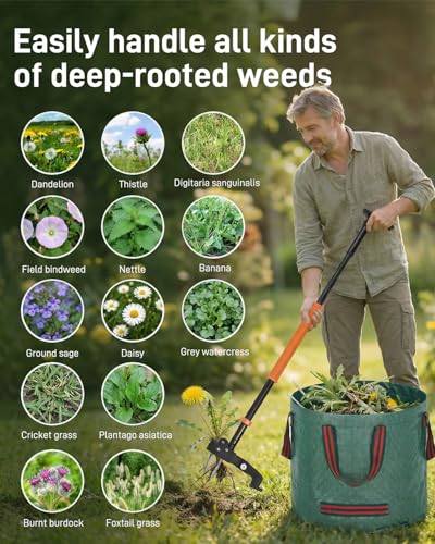 Stand Up Weed Puller Tool with Adjustable Long Handle and 50L Garden Bag