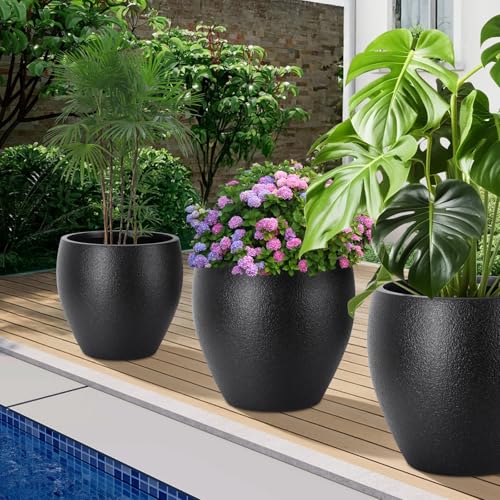 YNNICO 17.5/14.8/12.2 inch Large Flower Pots Plastic Planter with Drainage - color: Black