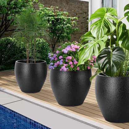 YNNICO 17.5/14.8/12.2 inch Large Flower Pots Plastic Planter with Drainage - color: Black