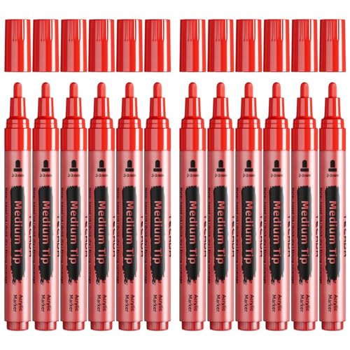 12 Red Paint Pens - Permanent Acrylic Paint Markers, Medium Tip - color: Red